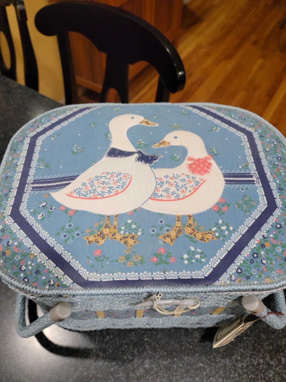 Vintage AZAR  Wicker Sewing Basket Floral Geese Latch 17x11x6" Blue